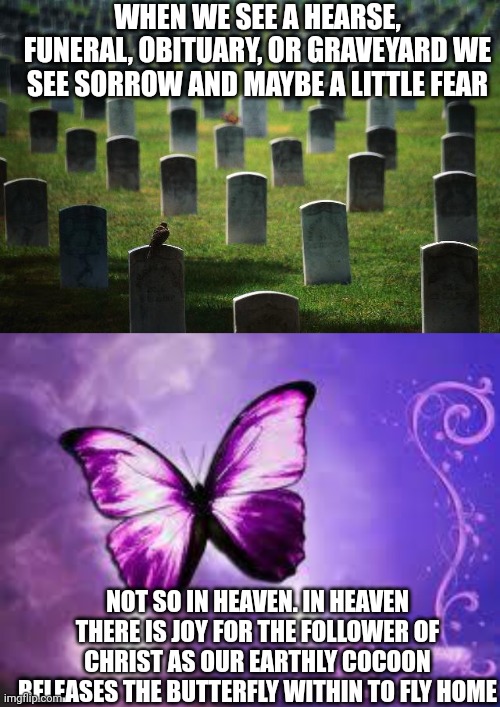 WHEN WE SEE A HEARSE, FUNERAL, OBITUARY, OR GRAVEYARD WE SEE SORROW AND MAYBE A LITTLE FEAR; NOT SO IN HEAVEN. IN HEAVEN THERE IS JOY FOR THE FOLLOWER OF CHRIST AS OUR EARTHLY COCOON RELEASES THE BUTTERFLY WITHIN TO FLY HOME | image tagged in graveyard cemetary,purple butterfly | made w/ Imgflip meme maker
