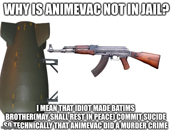 Blank White Template | WHY IS ANIMEVAC NOT IN JAIL? I MEAN THAT IDIOT MADE BATIMS BROTHER(MAY SHALL REST IN PEACE) COMMIT SUCIDE SO TECHNICALLY THAT ANIMEVAC DID A MURDER CRIME | image tagged in blank white template | made w/ Imgflip meme maker