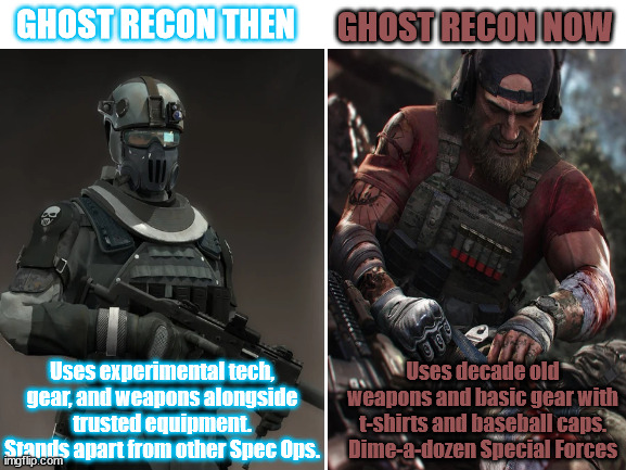 Ghost Recon soldiers then vs now | GHOST RECON NOW; GHOST RECON THEN; Uses experimental tech, gear, and weapons alongside trusted equipment. Stands apart from other Spec Ops. Uses decade old weapons and basic gear with t-shirts and baseball caps. Dime-a-dozen Special Forces | image tagged in video games | made w/ Imgflip meme maker