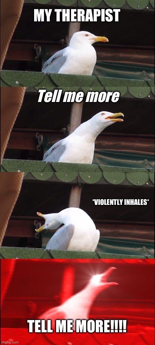Inhaling Seagull | MY THERAPIST; Tell me more; *VIOLENTLY INHALES*; TELL ME MORE!!!! | image tagged in memes,inhaling seagull | made w/ Imgflip meme maker