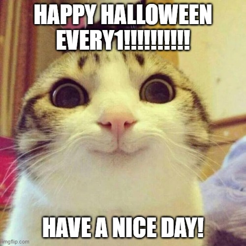 HAPPY HALLOWEEEN | HAPPY HALLOWEEN EVERY1!!!!!!!!!! HAVE A NICE DAY! | image tagged in memes,smiling cat | made w/ Imgflip meme maker