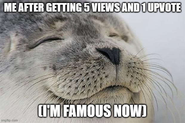 Satisfied Seal Meme | ME AFTER GETTING 5 VIEWS AND 1 UPVOTE; (I'M FAMOUS NOW) | image tagged in memes,satisfied seal | made w/ Imgflip meme maker