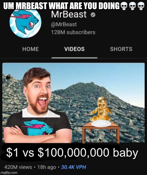 Bro MrBeast What Are you doing | UM MRBEAST WHAT ARE YOU DOING💀💀💀; $1 vs $100,000,000 baby | image tagged in mrbeast thumbnail template,memes,dark humor,thumbnail,mrbeast,funny | made w/ Imgflip meme maker