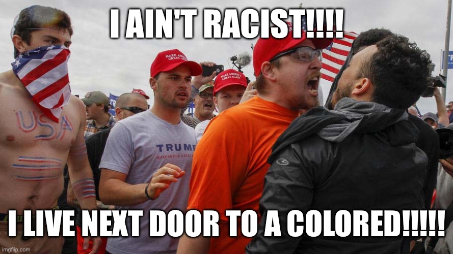 Angry Red Cap | I AIN'T RACIST!!!! I LIVE NEXT DOOR TO A COLORED!!!!! | image tagged in angry red cap | made w/ Imgflip meme maker