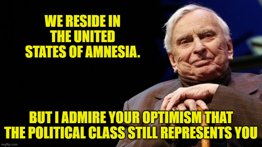WE RESIDE IN THE UNITED STATES OF AMNESIA. BUT I ADMIRE YOUR OPTIMISM THAT THE POLITICAL CLASS STILL REPRESENTS YOU | made w/ Imgflip meme maker