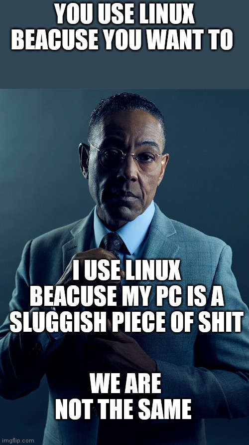 Gus Fring we are not the same | YOU USE LINUX BEACUSE YOU WANT TO; I USE LINUX BEACUSE MY PC IS A SLUGGISH PIECE OF SHIT; WE ARE NOT THE SAME | image tagged in gus fring we are not the same | made w/ Imgflip meme maker