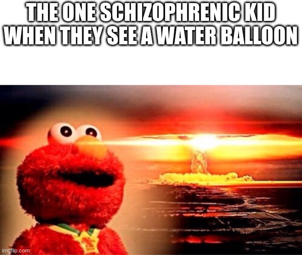 elmo nuclear explosion | THE ONE SCHIZOPHRENIC KID WHEN THEY SEE A WATER BALLOON | image tagged in elmo nuclear explosion | made w/ Imgflip meme maker