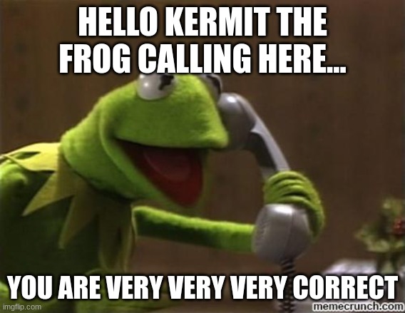 kermit | HELLO KERMIT THE FROG CALLING HERE... YOU ARE VERY VERY VERY CORRECT | image tagged in kermit | made w/ Imgflip meme maker