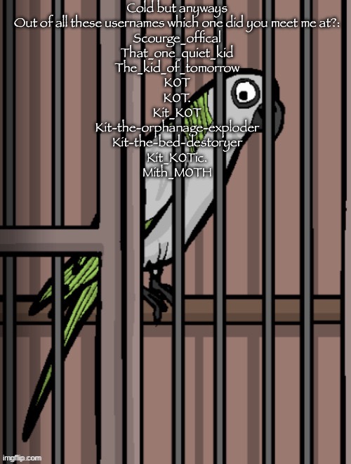Bird on crack | Cold but anyways

Out of all these usernames which one did you meet me at?:

Scourge_offical
That_one_quiet_kid
The_kid_of_tomorrow
K0T
K0T.
Kit_K0T
Kit-the-orphanage-exploder
Kit-the-bed-destoryer
Kit_K0Tic.
Mith_M0TH | image tagged in bird on crack | made w/ Imgflip meme maker