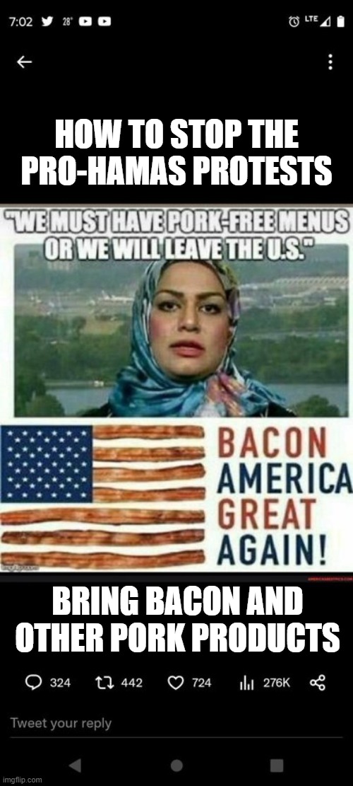 How to Stop the Protests | HOW TO STOP THE PRO-HAMAS PROTESTS; BRING BACON AND OTHER PORK PRODUCTS | image tagged in how to stop the protests | made w/ Imgflip meme maker