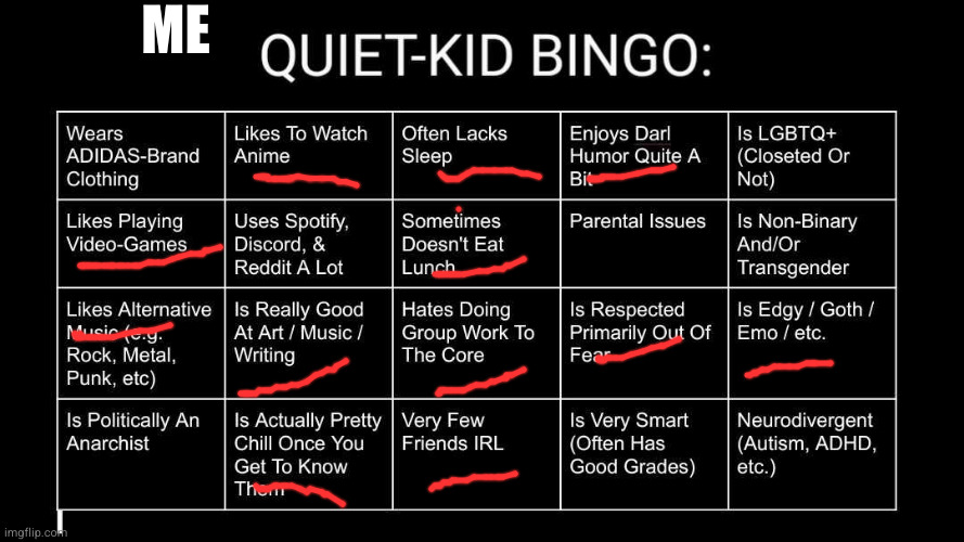 my attempt | ME | image tagged in quiet kid bingo | made w/ Imgflip meme maker