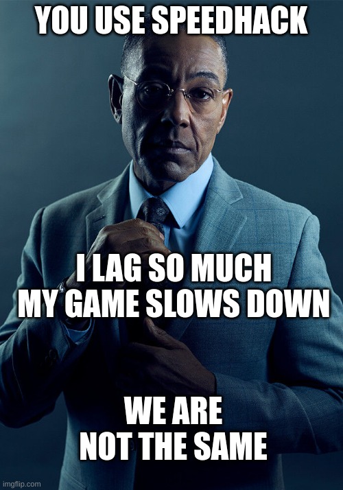 Gus Fring we are not the same | YOU USE SPEEDHACK; I LAG SO MUCH MY GAME SLOWS DOWN; WE ARE NOT THE SAME | image tagged in gus fring we are not the same | made w/ Imgflip meme maker