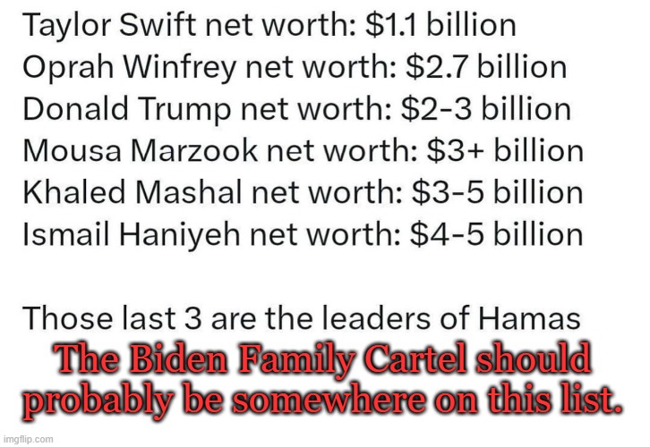 At least the humanitarian aid to Gaza is being spread around between 3 guys.... | The Biden Family Cartel should probably be somewhere on this list. | image tagged in gaza,humanitarian aid | made w/ Imgflip meme maker