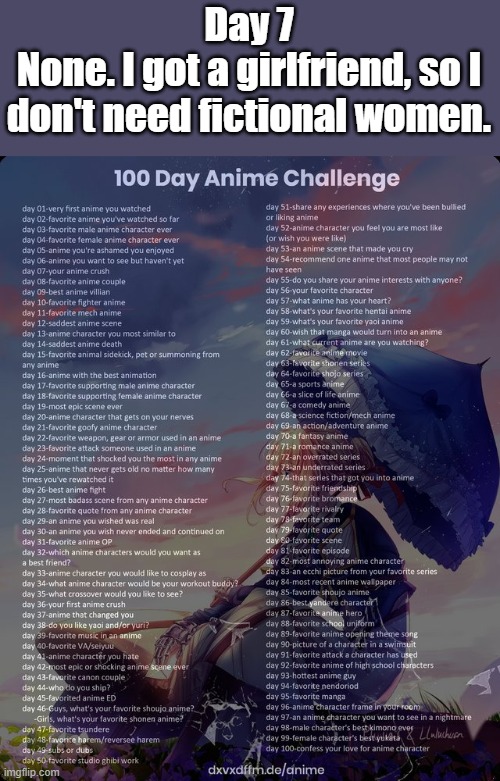 Day 7 | Day 7
None. I got a girlfriend, so I don't need fictional women. | image tagged in 100 day anime challenge | made w/ Imgflip meme maker