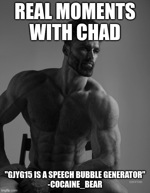 Giga Chad | REAL MOMENTS WITH CHAD; "GJYG15 IS A SPEECH BUBBLE GENERATOR"
-COCAINE_BEAR | image tagged in giga chad | made w/ Imgflip meme maker