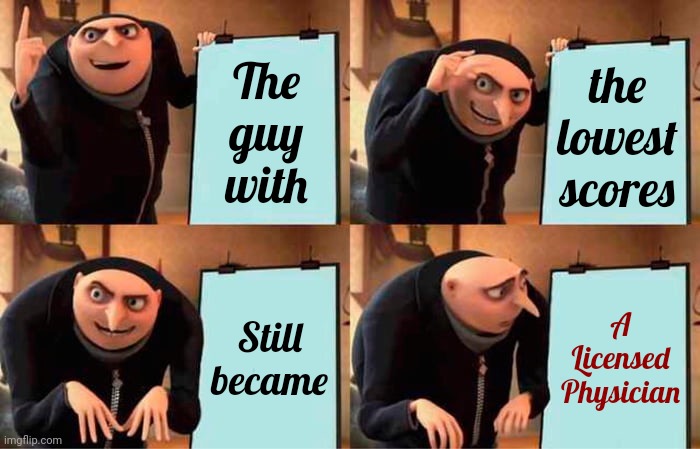 Trust. No. One. | The
guy
with; the
lowest
scores; Still
became; A
Licensed
Physician | image tagged in memes,gru's plan,minimal effort,minimal effect,trust no one,well this is awkward | made w/ Imgflip meme maker