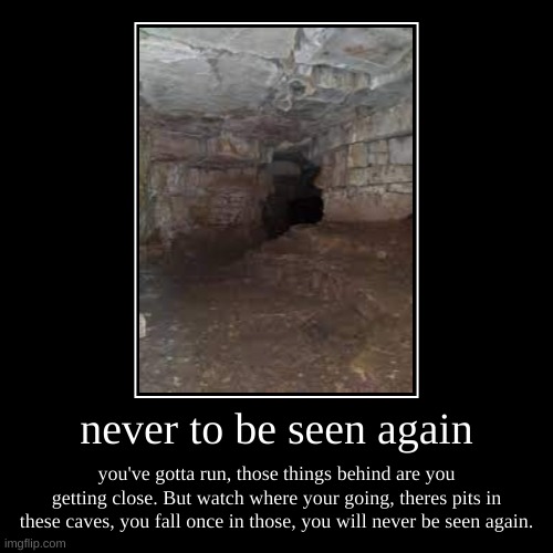 never to be seen again. | never to be seen again | you've gotta run, those things behind are you getting close. But watch where your going, theres pits in these caves | image tagged in demotivationals,scary,backrooms | made w/ Imgflip demotivational maker