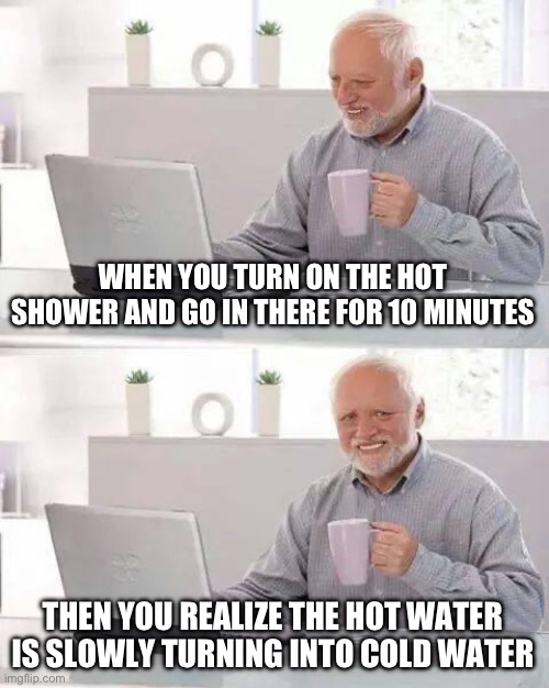 WHEN YOU TURN ON THE HOT SHOWER AND GO IN THERE FOR 10 MINUTES THEN YOU REALIZE THE HOT WATER IS SLOWLY TURNING INTO COLD WATER | image tagged in memes,hide the pain harold | made w/ Imgflip meme maker