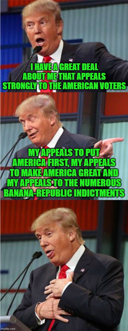 Bad Pun Trump | I HAVE A GREAT DEAL ABOUT ME THAT APPEALS STRONGLY TO THE AMERICAN VOTERS; MY APPEALS TO PUT AMERICA FIRST, MY APPEALS TO MAKE AMERICA GREAT AND MY APPEALS TO THE NUMEROUS BANANA-REPUBLIC INDICTMENTS | image tagged in bad pun trump | made w/ Imgflip meme maker