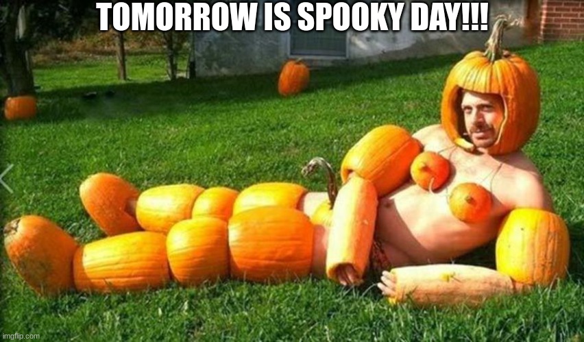 ignore the template lol and no this is not me | TOMORROW IS SPOOKY DAY!!! | image tagged in pumpkin man,lol,halloween,happy halloween | made w/ Imgflip meme maker