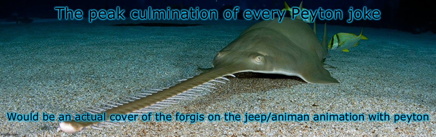 If you don’t know Please don’t google it | The peak culmination of every Peyton joke; Would be an actual cover of the forgis on the jeep/animan animation with Peyton | image tagged in cool sawfish | made w/ Imgflip meme maker