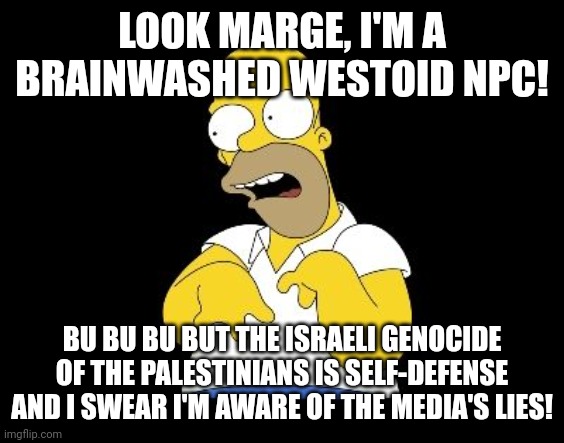 IsraHelli Genocide of Palestinians is "Self-Defense"?! That's Like Saying The Final Solution Was "Nazis Defending Themselves!" | LOOK MARGE, I'M A BRAINWASHED WESTOID NPC! BU BU BU BUT THE ISRAELI GENOCIDE OF THE PALESTINIANS IS SELF-DEFENSE AND I SWEAR I'M AWARE OF THE MEDIA'S LIES! | image tagged in look marge,israel,palestine,genocide,brainwashed,npc | made w/ Imgflip meme maker