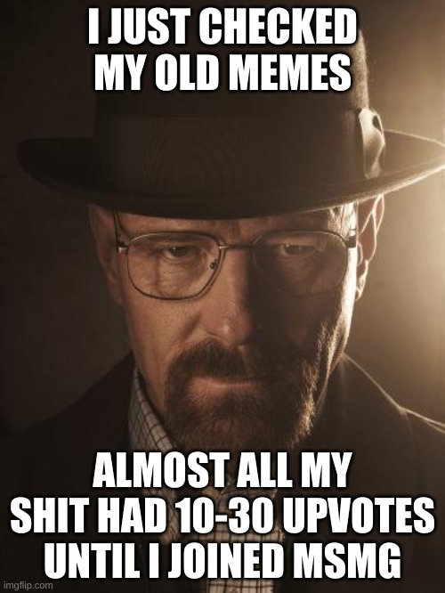 Walter White | I JUST CHECKED MY OLD MEMES; ALMOST ALL MY SHIT HAD 10-30 UPVOTES UNTIL I JOINED MSMG | image tagged in walter white | made w/ Imgflip meme maker