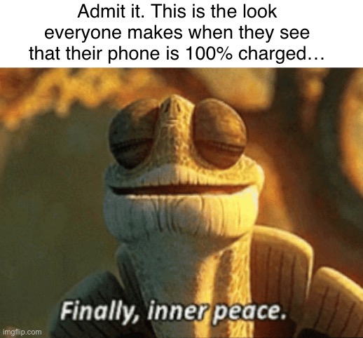 It is true | Admit it. This is the look everyone makes when they see that their phone is 100% charged… | image tagged in finally inner peace | made w/ Imgflip meme maker