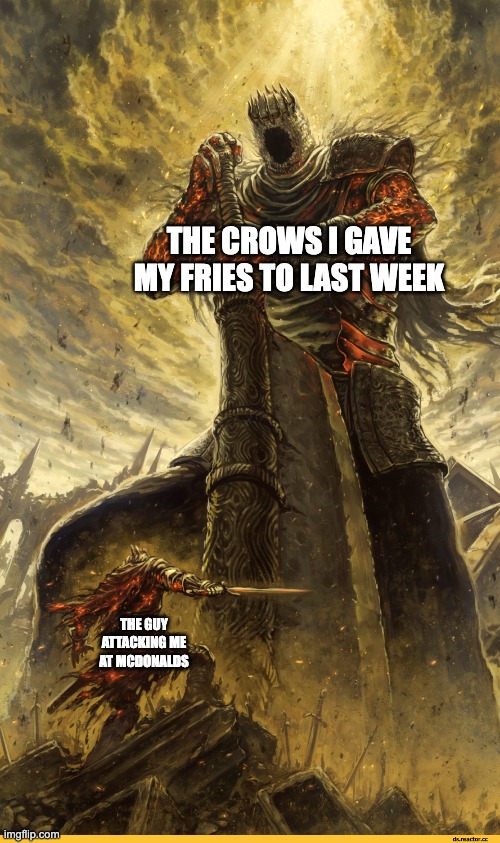 Crows | THE CROWS I GAVE MY FRIES TO LAST WEEK; THE GUY ATTACKING ME AT MCDONALDS | image tagged in giant vs man,crows,mcdonalds | made w/ Imgflip meme maker