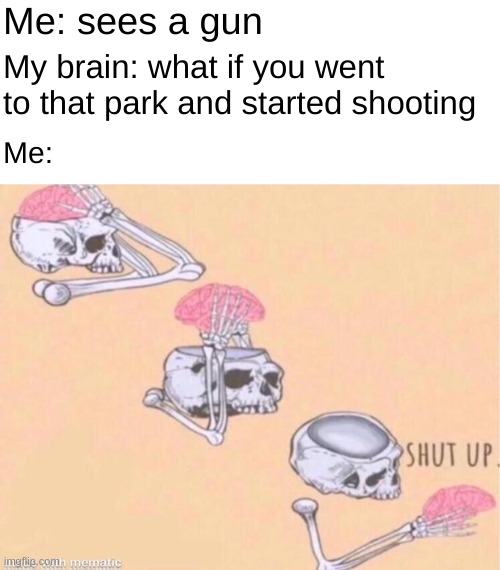 mmm second amendment | Me: sees a gun; My brain: what if you went to that park and started shooting; Me: | image tagged in blank white template,skeleton shut up meme | made w/ Imgflip meme maker