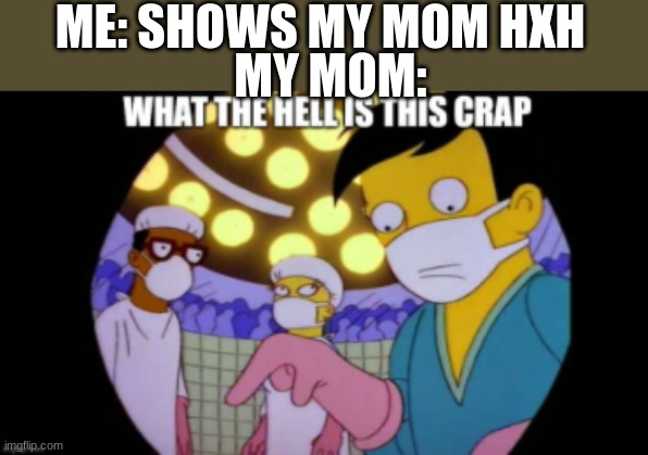 my mom doesn't like dark fights...? | ME: SHOWS MY MOM HXH; MY MOM: | image tagged in what the hell is this crap | made w/ Imgflip meme maker