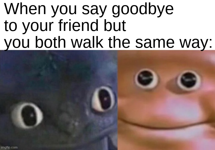 Awkward Realization Two Faces | When you say goodbye to your friend but you both walk the same way: | image tagged in awkward realization two faces | made w/ Imgflip meme maker