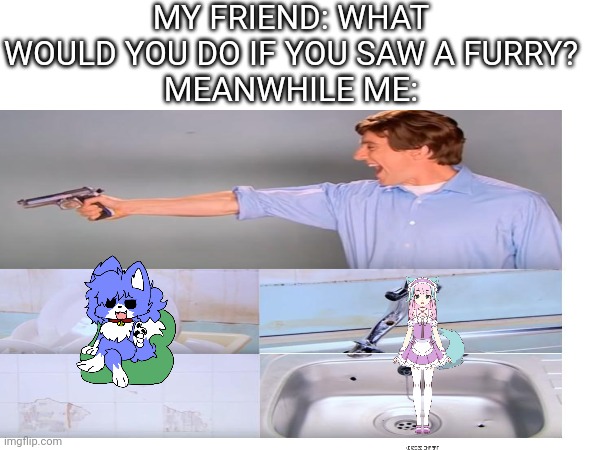 Just 3 shots from kitchen gun, AND IT SPARKLES LIKE NEW | MY FRIEND: WHAT WOULD YOU DO IF YOU SAW A FURRY?
MEANWHILE ME: | image tagged in anti furry,offensive | made w/ Imgflip meme maker