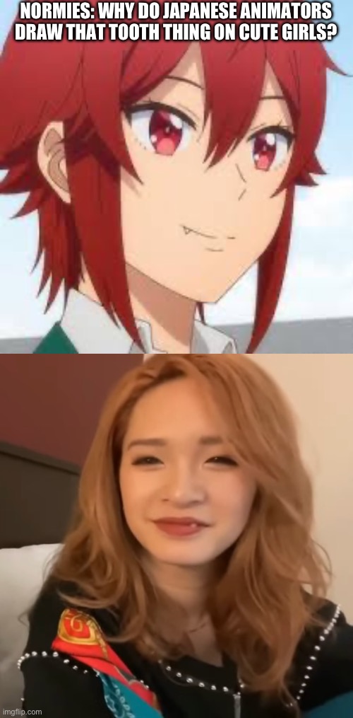 Yes it’s a real thing | NORMIES: WHY DO JAPANESE ANIMATORS DRAW THAT TOOTH THING ON CUTE GIRLS? | image tagged in anime,teeth,japanese | made w/ Imgflip meme maker