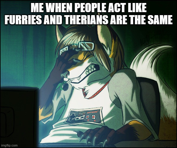 Furry facepalm | ME WHEN PEOPLE ACT LIKE FURRIES AND THERIANS ARE THE SAME | image tagged in furry facepalm | made w/ Imgflip meme maker