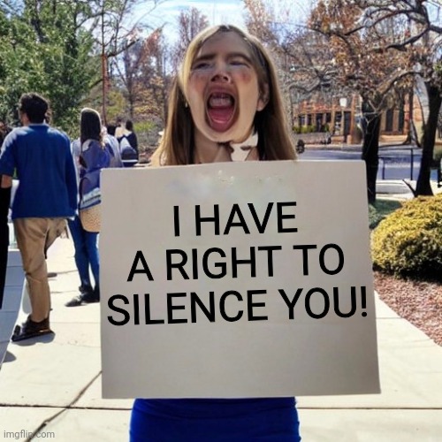 Screaming Bigmouth Protester | I HAVE A RIGHT TO SILENCE YOU! | image tagged in screaming bigmouth protester | made w/ Imgflip meme maker