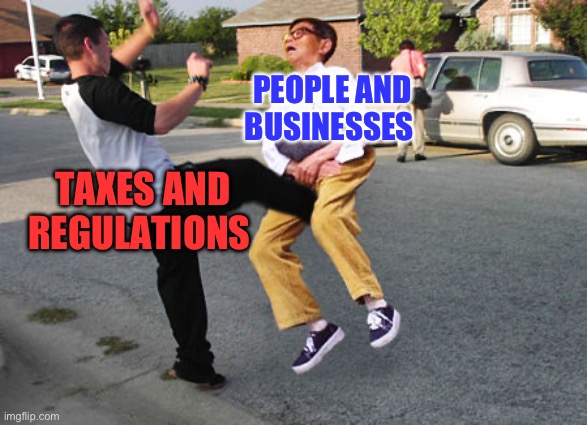 Taxes and Regulations | PEOPLE AND BUSINESSES; TAXES AND REGULATIONS | image tagged in kick in balls,taxes,government corruption,government | made w/ Imgflip meme maker