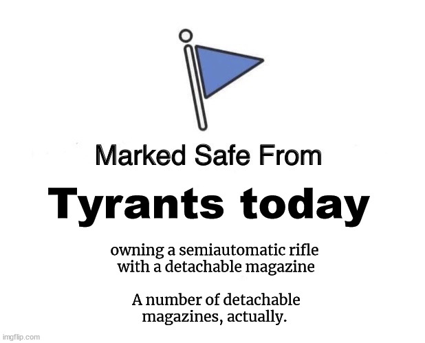 Marked Safe From | Tyrants today; owning a semiautomatic rifle 
with a detachable magazine
 
A number of detachable
magazines, actually. | image tagged in marked safe from,marked safe from tyrants,semiautomatic rifles,detachable magazines | made w/ Imgflip meme maker