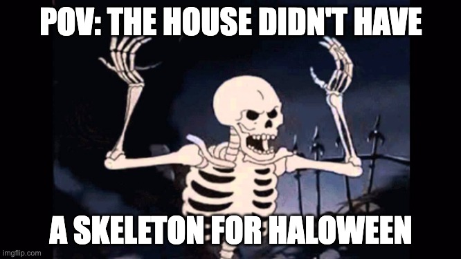 Angry skeleton | POV: THE HOUSE DIDN'T HAVE; A SKELETON FOR HALOWEEN | image tagged in angry skeleton | made w/ Imgflip meme maker