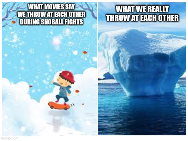 FR bro | WHAT MOVIES SAY WE THROW AT EACH OTHER DURING SNOBALL FIGHTS; WHAT WE REALLY THROW AT EACH OTHER | image tagged in snow | made w/ Imgflip meme maker