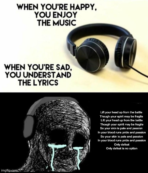 Guess the song and where it comes from | Lift your head up from the battle 
Though your spirit may be fragile 
Lift your head up from the battle
Though your spirit may be fragile

So your skin is pale and passion 
In your blood runs pride and passion
So your skin is pale and passion
In your blood runs pride and passion

Only defeat

Only defeat is no option | image tagged in when your sad you understand the lyrics | made w/ Imgflip meme maker