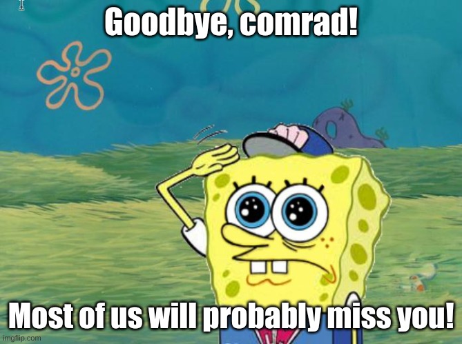 Spongebob salute | Goodbye, comrad! Most of us will probably miss you! | image tagged in spongebob salute | made w/ Imgflip meme maker