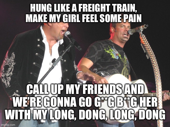 HUNG LIKE A FREIGHT TRAIN, MAKE MY GIRL FEEL SOME PAIN CALL UP MY FRIENDS AND WE’RE GONNA GO G**G B**G HER WITH MY LONG, DONG, LONG, DONG | made w/ Imgflip meme maker