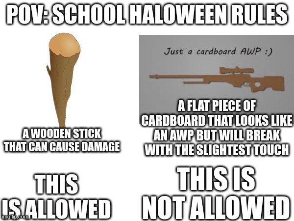 Wtf schools, why are your rules like this? | POV: SCHOOL HALOWEEN RULES; A FLAT PIECE OF CARDBOARD THAT LOOKS LIKE AN AWP BUT WILL BREAK WITH THE SLIGHTEST TOUCH; A WOODEN STICK THAT CAN CAUSE DAMAGE; THIS IS NOT ALLOWED; THIS IS ALLOWED | image tagged in wtf | made w/ Imgflip meme maker