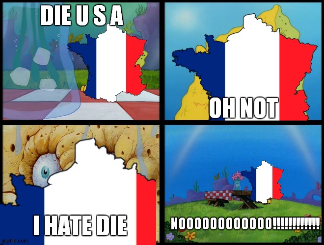 die france | DIE U S A; OH NOT; NOOOOOOOOOOOO!!!!!!!!!!!! I HATE DIE | image tagged in spongebob - i don't need it by henry-c | made w/ Imgflip meme maker