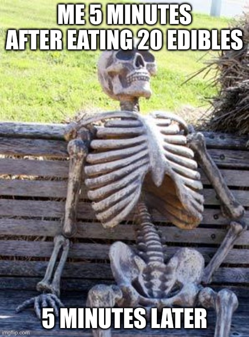 funny meme | ME 5 MINUTES AFTER EATING 20 EDIBLES; 5 MINUTES LATER | image tagged in memes,waiting skeleton | made w/ Imgflip meme maker
