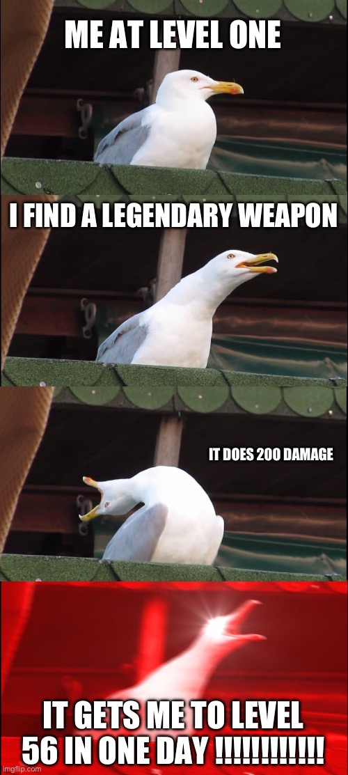 The greatest moment for any newbie | ME AT LEVEL ONE; I FIND A LEGENDARY WEAPON; IT DOES 200 DAMAGE; IT GETS ME TO LEVEL 56 IN ONE DAY !!!!!!!!!!!! | image tagged in memes,inhaling seagull | made w/ Imgflip meme maker