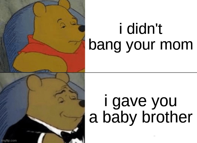 Tuxedo Winnie The Pooh Meme | i didn't bang your mom; i gave you a baby brother | image tagged in memes,tuxedo winnie the pooh | made w/ Imgflip meme maker