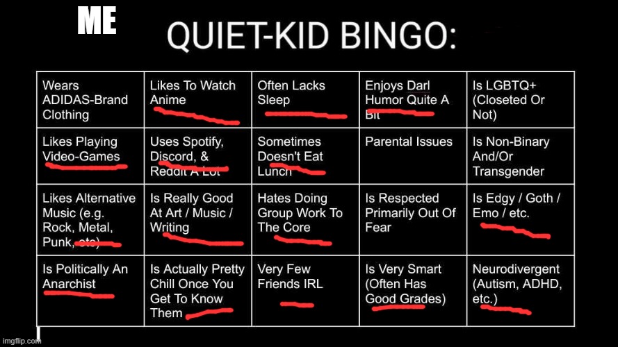 I got a scrabble | ME | image tagged in quiet kid bingo | made w/ Imgflip meme maker