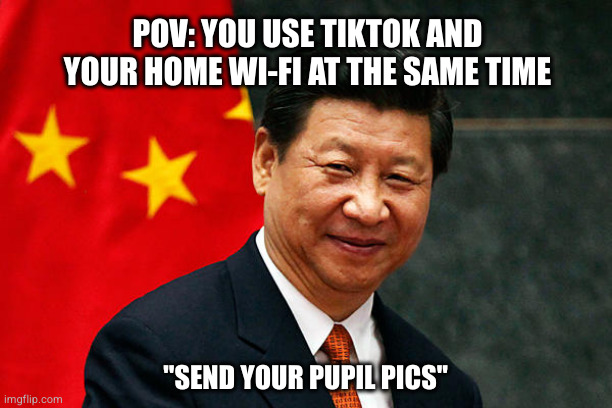 Nobody: Tiktok | POV: YOU USE TIKTOK AND YOUR HOME WI-FI AT THE SAME TIME; "SEND YOUR PUPIL PICS" | image tagged in xi jinping,tik tok,privacy,china | made w/ Imgflip meme maker